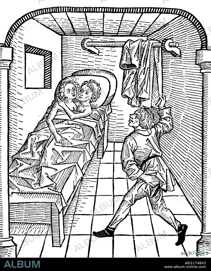 The coat of the lover is being stolen, while he is in bed with a woman, erotic farce illustration from the 15th century.