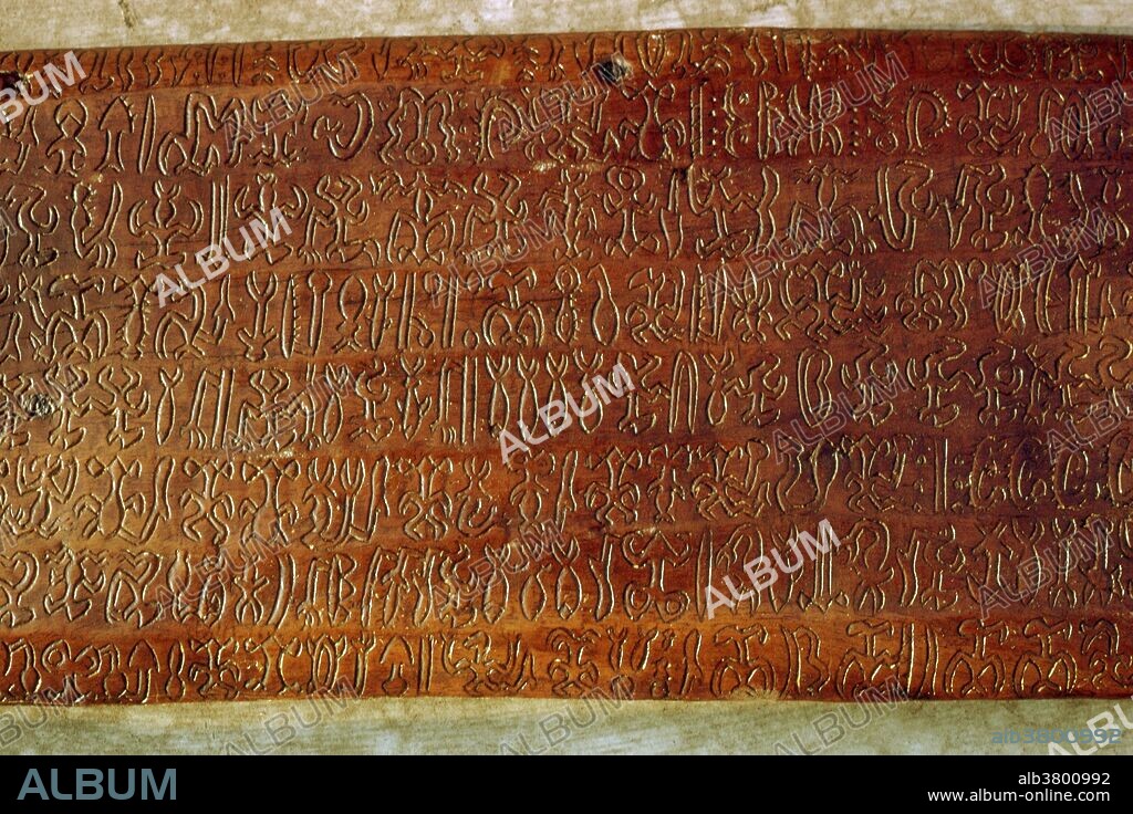 Detail of a wooden tablet written in Rongorongo. Rongo is an ancient hieroglyphic language from Easter Island.