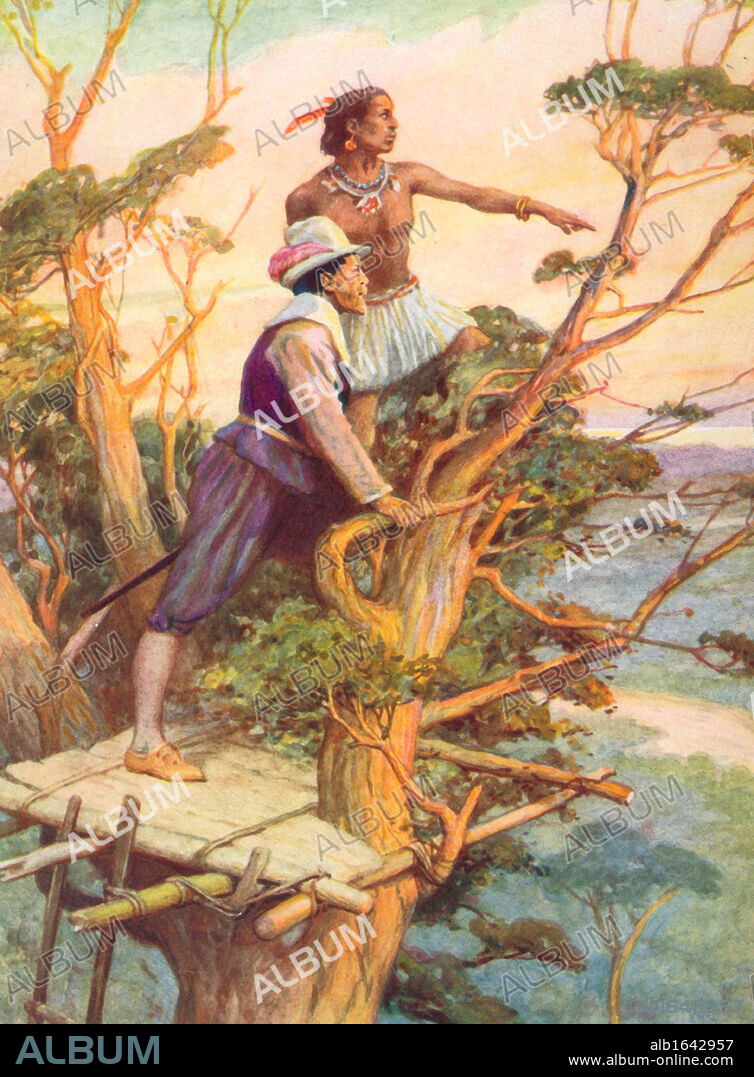 Francis Drake (c1540-1596) English navigator and privateer, on the Isthmus of Panama in 1572 being shown the Pacific Ocean, the first Englishman to see it. Late 19th century illustration.