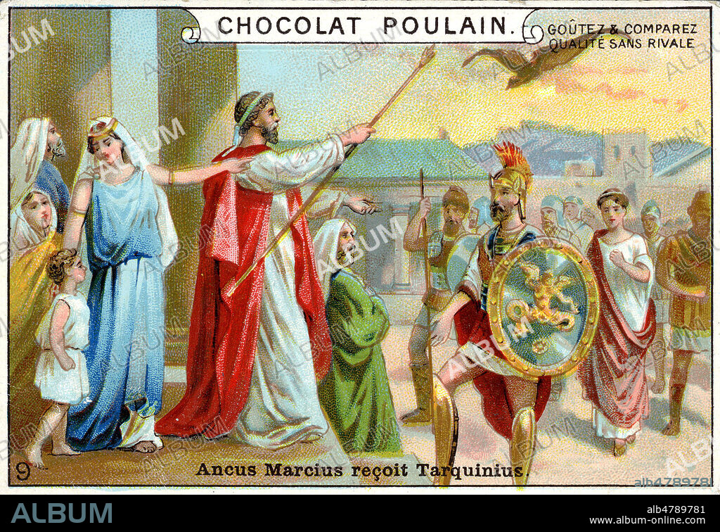 Ancus MARCIUS recois TARQUINIUS. Illustration anonyme vers 1890 pour un chromo publicitaire de la serie Histoire romaine. Credit : Coll. Jonas/KHARBINE-TAPABOR.
