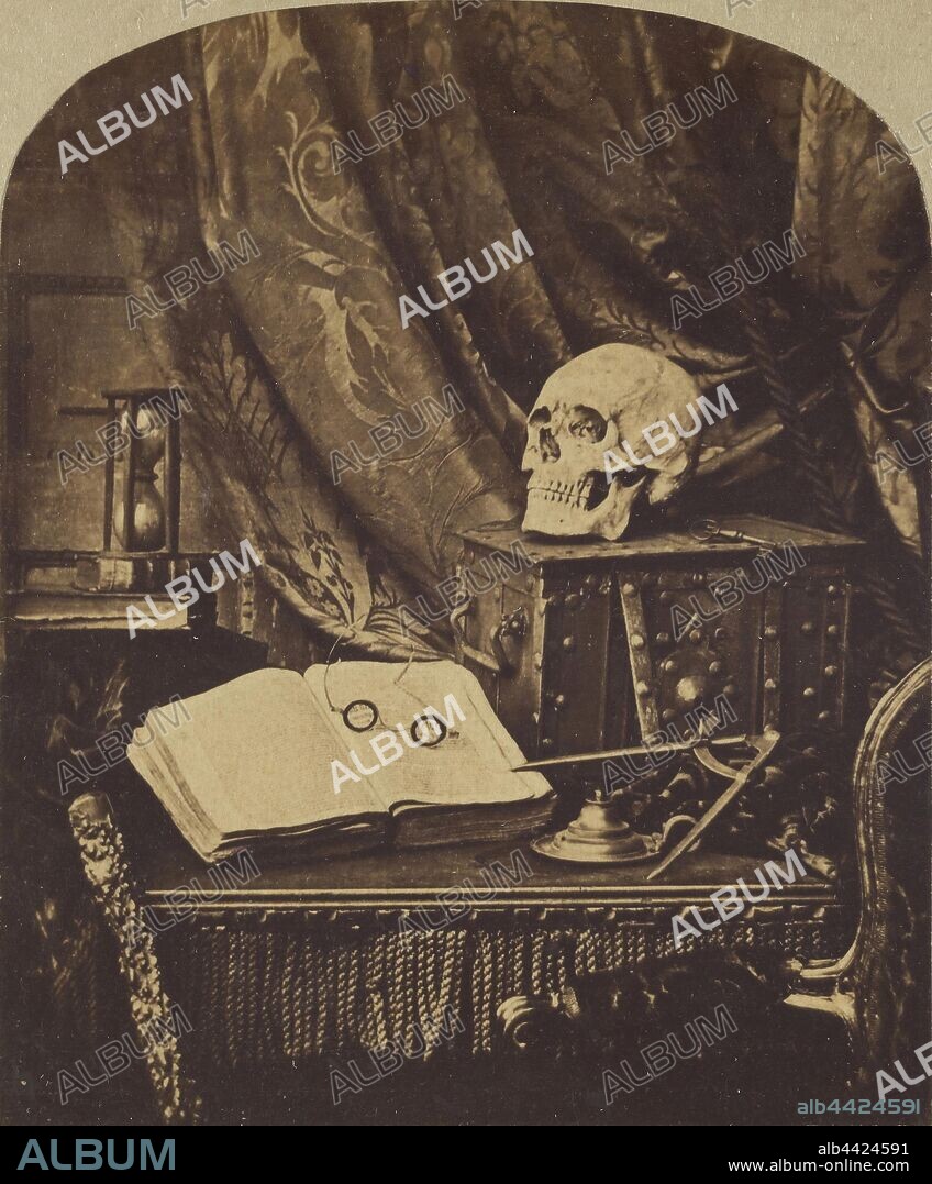 Vanitas / Still Life with Skull, Open Book with Glasses and Hourglass / The Sands of Time, Thomas Richard Williams (English, 1825 - 1871), 1850–1852, Albumen silver print, 7.1 × 5.9 cm (2 13/16 × 2 5/16 in.).