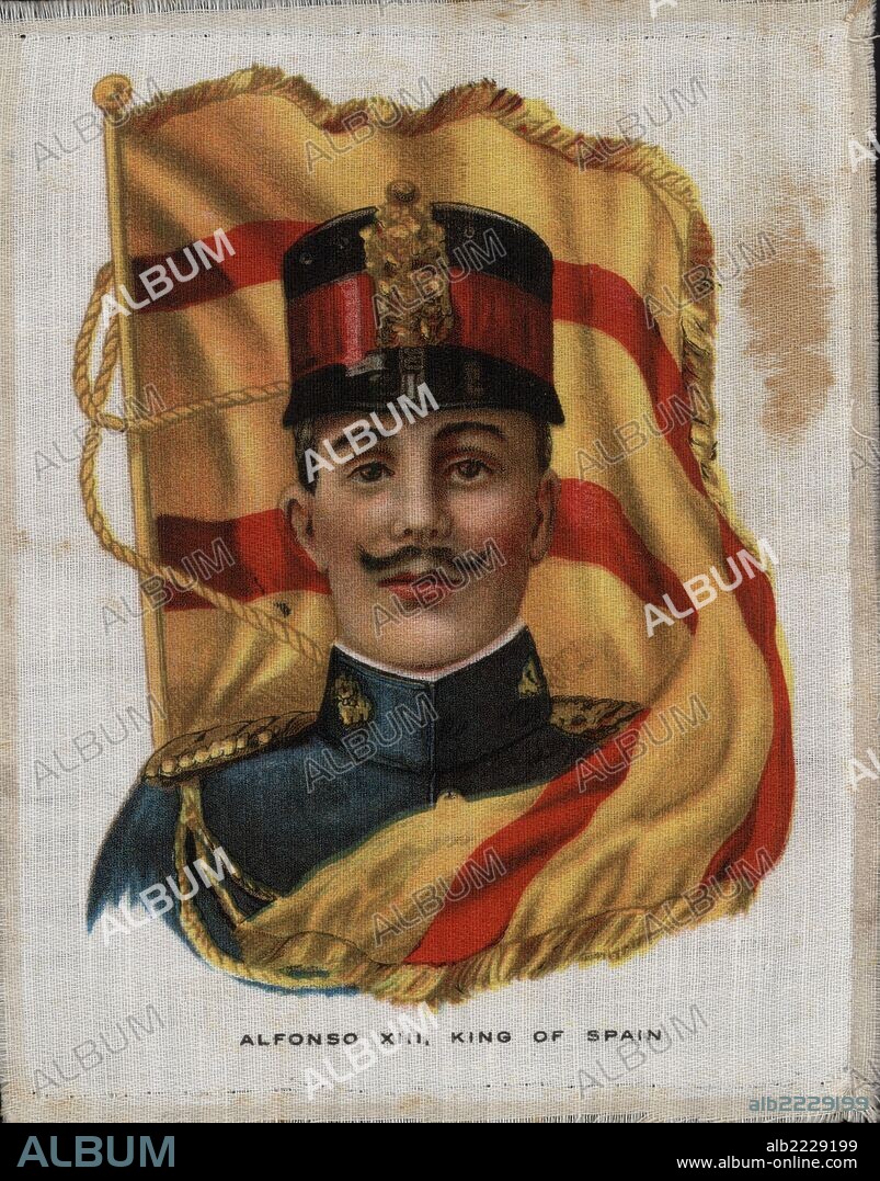 Alfonso XIII de Borbón (1886-1941), rey de España. Retrato y bandera impresos sobre tela. Años 1920.