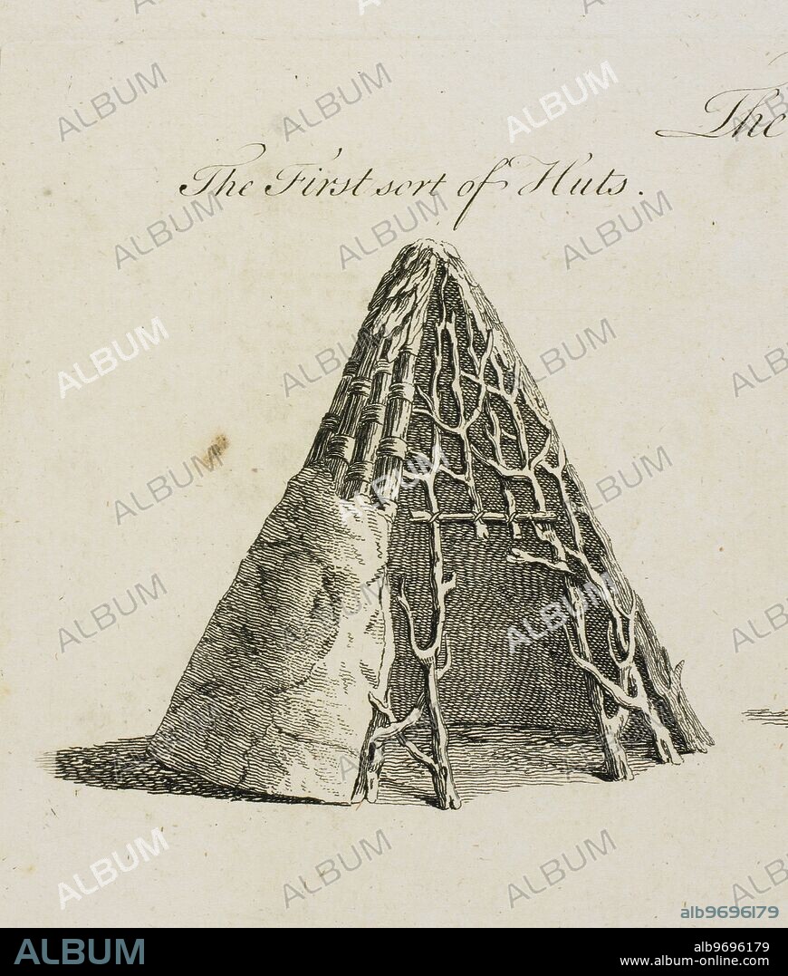 Illustration of cross-section of a hut made from branches and mud.