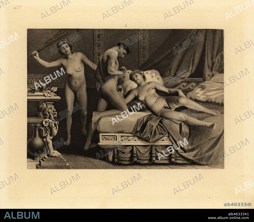 A woman with a switch whips a man and woman on a bed. Roman sado-masochistic orgy. Aquatint by Theophile Fillon after an illustration by Paul Avril from Friedrich Karl Forbergs Manual of Classical Erotology, Manuel derotologie classique, De Figuris veneris, Charles Hirsch, 1906, translated by Alcide Bonneau (not Isidore Liseaux).