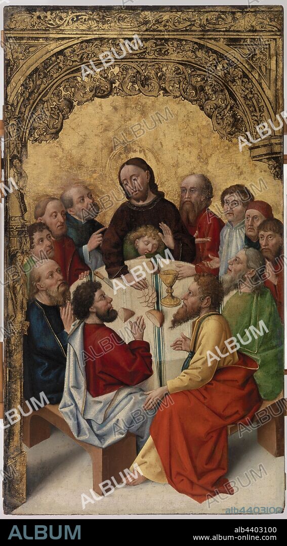 Central German Master: Last Supper, Central German Master, c. 1450–1470, Oil and gold on panel, This painting shows Christ and his twelve disciples seated at a round table for the Last Supper. Christ raises his hand to consecrate the items on the table—a chalice of wine and a loaf of bread, partially sliced to resemble the Eucharistic wafers of the Mass. Biblical accounts of the Last Supper make it possible to identify some of the disciples, including the youthful, curly-haired John who rests his head on Christ's bosom and the traitorous Judas in yellow, who furrows his brow. The exquisitely painted arch imitates church furnishings and indicates that this panel was originally part of a larger assemblage., Overall: 44 1/2 x 24 1/2 in. (113 x 62.2 cm).