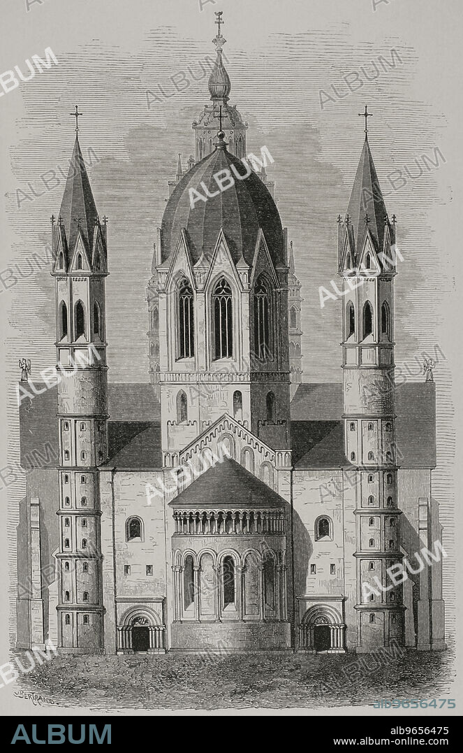 Mainz Cathedral, Germany. Romanesque style. General view of the outside. Engraving. "Les Arts au Moyen Age et a l'Epoque de la Renaissance", by Paul Lacroix. Paris, 1877.