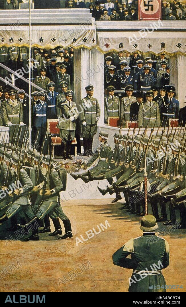 Nazismo. Soldados alemanes participando en el gran desfile celebrado en Berlín con motivo del 50 cumpleaños de Adolf Hitler, el 20 de abril de 1939. Alemania.