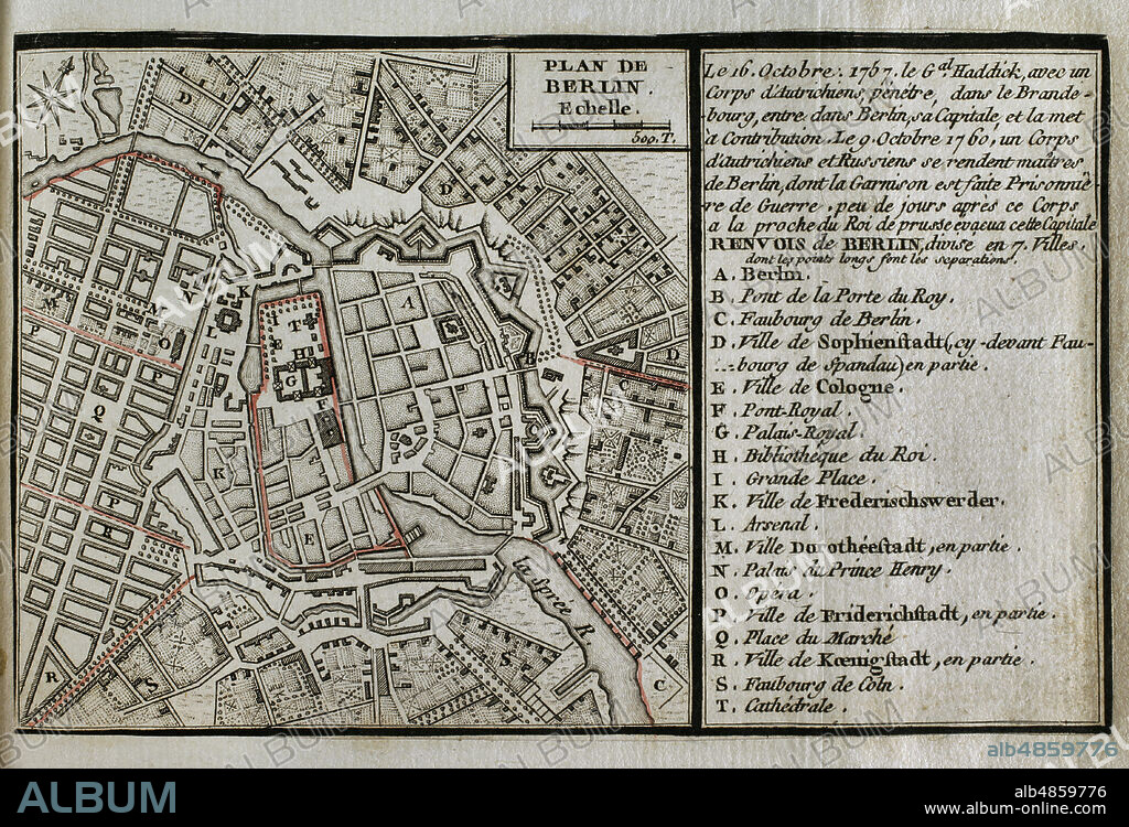 JEAN DE BEAURAIN (1696-1771). FRENCH GEOGRAPHER.. Guerra de los Siete Años (1756-1763). Tercera Guerra de Silesia. Mapa de Berlín, 1760. Incursión sobre Berlín. El 9 de octubre de 1760 tropas austríacas y rusas ocuparon la capital prusiana de Berlín durante algunos días. Tras saquear la ciudad y tener conocimiento de que los prusianos enviaban tropas de refuerzo a la ciudad abandonaron la misma. Publicado en 1765 por el cartógrafo Jean de Beaurain (1696-1771) como ilustración de su Gran Mapa de Alemania, con los eventos que tuvieron lugar durante la Guerra de los Siete Años. Aguafuerte y grabado. Edición francesa, 1765. Biblioteca Histórico Militar de Barcelona. Cataluña, España.