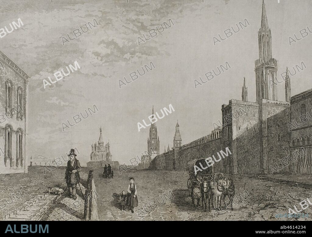 Rusia. Moscú. Plaza Roja (Krasnoi) y Puerta de San Vladimir. Grabado por Lemaitre. Historia de Rusia por Chopin. Panorama Universal, edición española de 1839.