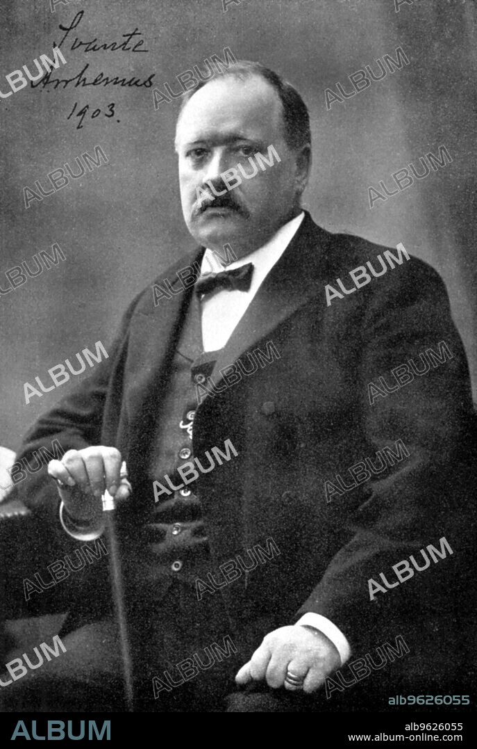 Svante Arrhenius (1859-1927), Swedish physicist and chemist, 1903. Arrhenius' work covered a wide range of subjects including immunology, cosmic physics and environmental issues. He discovered heat gain by the atmosphere due to carbon dioxide, predicting the 'greenhouse' effect as early as 1896. Arrhenius won the Nobel prize for chemistry in 1903 for his theory of electrolytic dissociation. He was appointed Rector of the Nobel Institute in 1905.