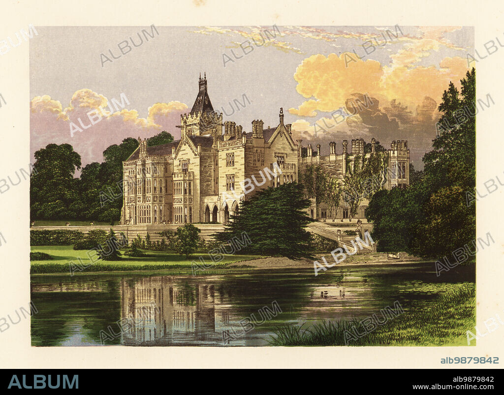 Adare Manor, County Limerick, Ireland. Ancient abbey and castle redesigned in the Tudor style in 1850 by architect Philip Charles Hardwick for William Henry, Earl of Dunraven. Colour woodblock by Benjamin Fawcett in the Baxter process of an illustration by Alexander Francis Lydon from Reverend Francis Orpen Morriss A Series of Picturesque Views of the Seats of Noblemen and Gentlemen of Great Britain and Ireland, William Mackenzie, London, 1870.