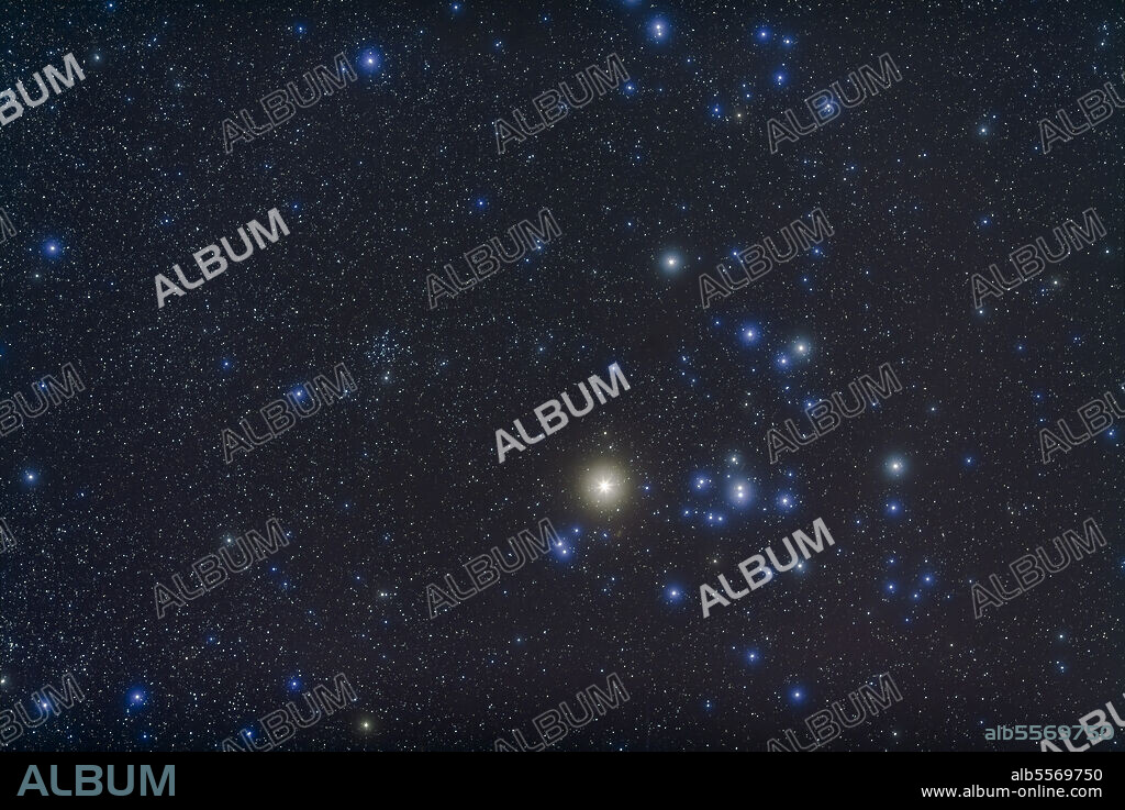 The open cluster Hyades and giant star Aldebaran in the constellation of Taurus, with smaller open cluster NGC 1647 at left.