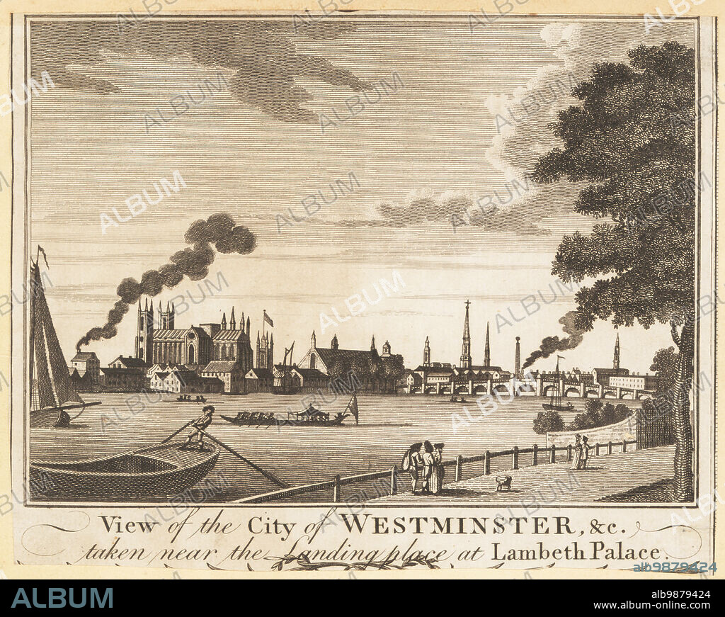 View of the city of Westminster Abbey, London, 18th century. Westminster Bridge was built in 1750 by Swiss engineer Charles Labelye. Westminster Hall, St. Margaret's Church tower, St. Martin's in the Fields spire, river boatmen, ferrymen, barge, sailboat, etc. View of the City of Westminster etc. taken near the landing place at Lambeth Palace. Copperplate engraving by John Lodge after Jefferyes Hamett O'Neale from William Thorntons New, Complete and Universal History of the City of London, Alexander Hogg, King's Arms, No. 16 Paternoster Row, London, 1784.