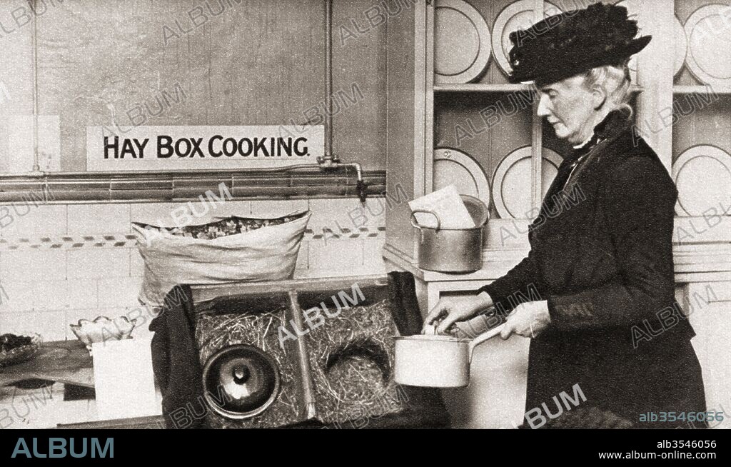 Economy in fuel led to the adoption of the hay box, aka straw box, fireless cooker, insulation cooker, wonder oven or retained-heat cookers being used during World War I. These cookers utilized the heat of the food being cooked to complete the cooking process. Food items to be cooked were heated to boiling point, and then insulated. From The Pageant of the Century, published 1934.