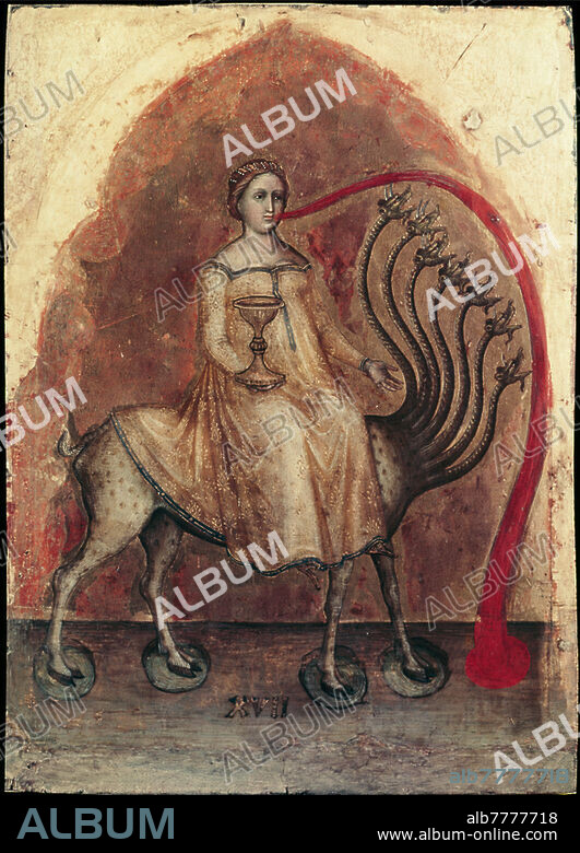 JACOPO ALBEREGNO. Alberegno, Jacopo. gest. 1397. "Die babylonische Hure und der siebenköpfige Drache" (Apok. 17,3-4). Aus dem Polyptychon der Apokalypse. Auf Holz, 45 × 33 cm. Inv. Nr. 1115. Venedig, Galleria dell'Accademia.