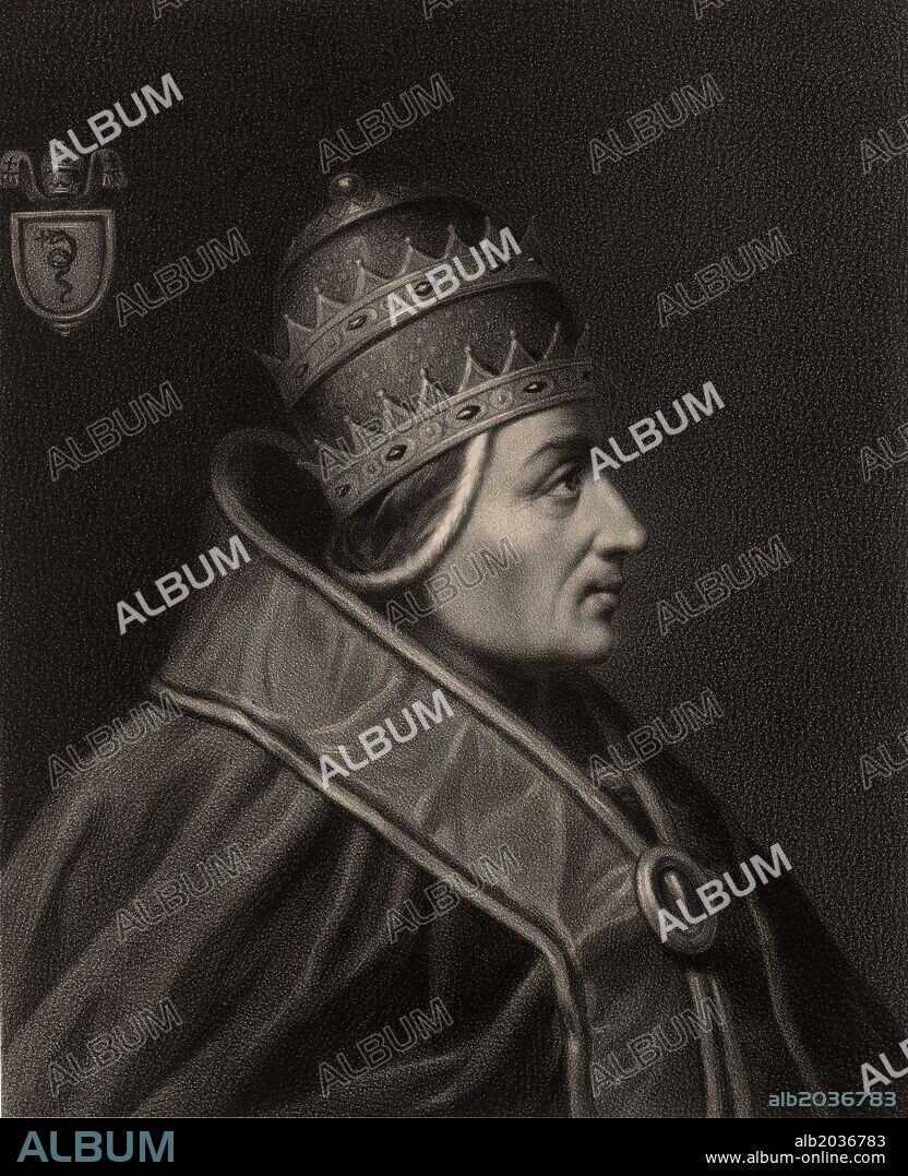 Historia de los concilios ecuménicos de Roma. El papa Gregorio X (1210-1276). Papa entre 1272 y 1276. Convocó el XIV Concilio Ecuménico que se celebró en Lyon. Editado en París, grabado de 1869.