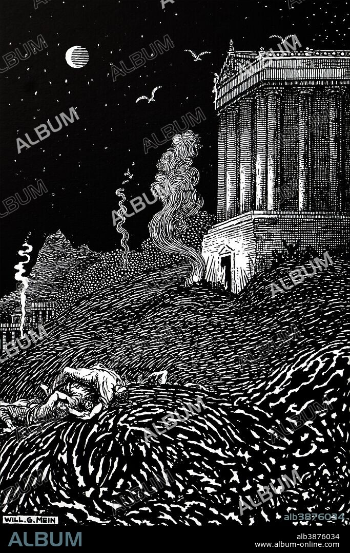 Engraving depicting a scene from the Plague of Athens, an epidemic that devastated the city-state of Athens in ancient Greece during the second year of the Peloponnesian War when an Athenian victory still seemed within reach. Dated 20th century.