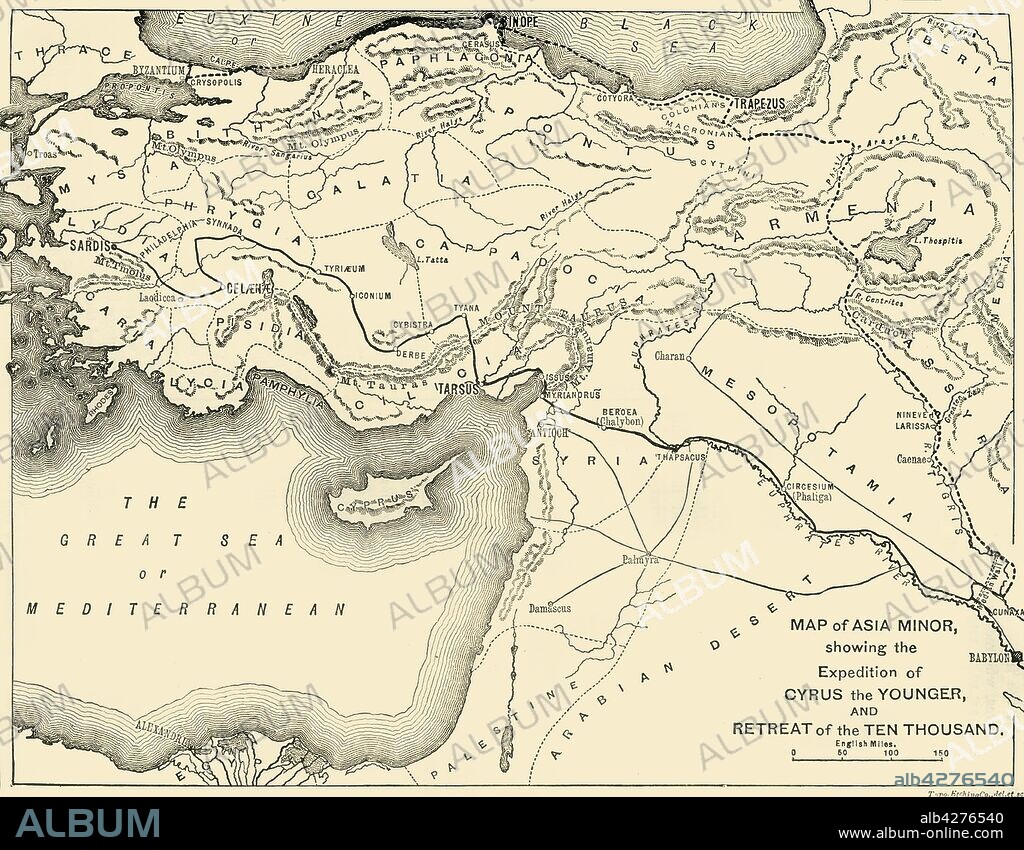 'Map of Asia Minor, showing the Expedition of Cyrus the Younger, and Retreat of the Ten Thousand', 1890.  The Ten Thousand were a mainly Greek mercenary force, employed by Cyrus the Younger to take the throne of the Persian Empire from his brother, Artaxerxes II. They marched to the Battle of Cunaxa and back to Greece (401-399 BC). From "Cassell's Illustrated Universal History, Vol. I - Early and Greek History", by Edmund Ollier. [Cassell and Company, Limited, London, Paris and Melbourne, 1890].