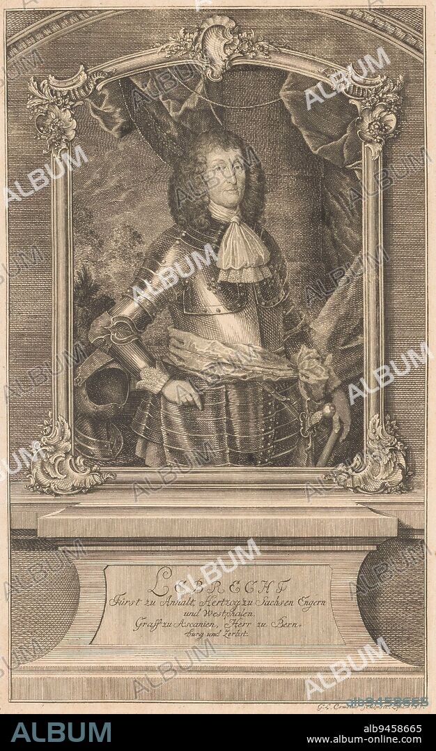 Portrait of Lebrecht von Anhalt-Köthen, Gottlieb Leberecht Crusius, 1757, Portrait framed with rocailles. Caption on the base below the frame., print maker: Gottlieb Leberecht Crusius, (mentioned on object), Leipzig, 1757, paper, engraving, h 295 mm × w 179 mm.