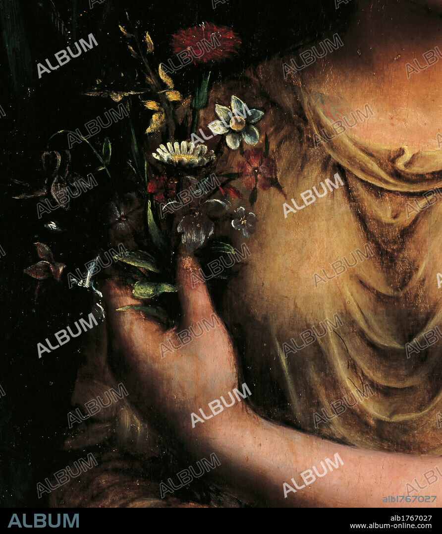 Flora, by attributed to Francesco Melzi, 16th Century, oil on panel, cm 65 x 55. Italy, Lazio, Rome, Borghese Gallery. Detail. A woman is holding some blooming branches. The light dress underlines her breaSt. Authorization required for non editorial use.