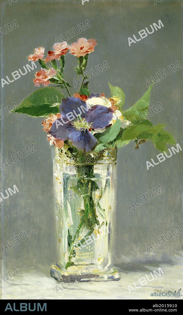EDOUARD MANET. Édouard Manet / 'Claveles y clemátide en un florero de cristal', hacia 1882, Óleo sobre lienzo, 56 × 35,5 cm.