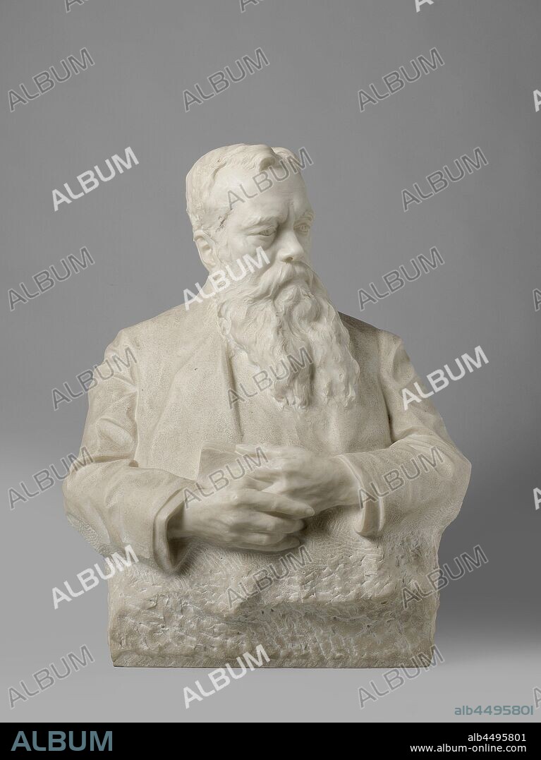 Bust of Jhr. Mr. Victor Eugene Louis de Stuers (1843-1916) with base of black granite with gray mica, Bust of marble by Jhr. Mr. Victor Eugene Louis de Stuers (1843-1916) with black granite pedestal consisting of two parts, historical persons ((full) bust portrait), gentleman Victor Eugène Louis de Stuers, Toon Dupuis, The Hague, 1914, marble (rock).