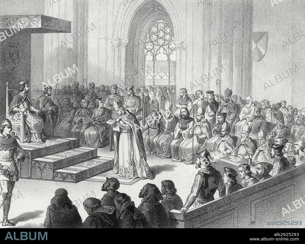 Historia. Tercer Concilio de Toledo en el año 589 presidido por el rey Recaredo I (559-601) que selló la unidad del reino visigodo que dejó de ser arriano y se convirtió al catolicismo. Grabado de 1871.