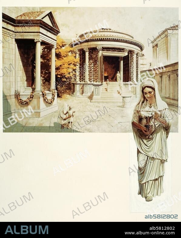 Rom - Roma (Italien), Forum Romanum. Teilansicht: Vestatempel (193-211 n. Chr) und Vestalin. (Rekonstruktion). Aquarell, undat., von Peter Connolly. (1935-2012).