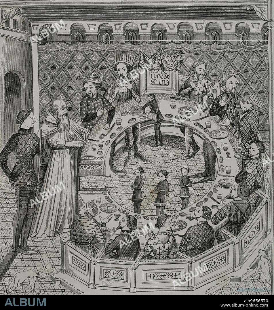 La Mesa Redonda del Rey Arturo. Grabado a partir de una miniatura del siglo XIV. "Les Arts Au Moyen Age et a l'Epoque de la Renaissance", por Paul Lacroix. París, 1877.