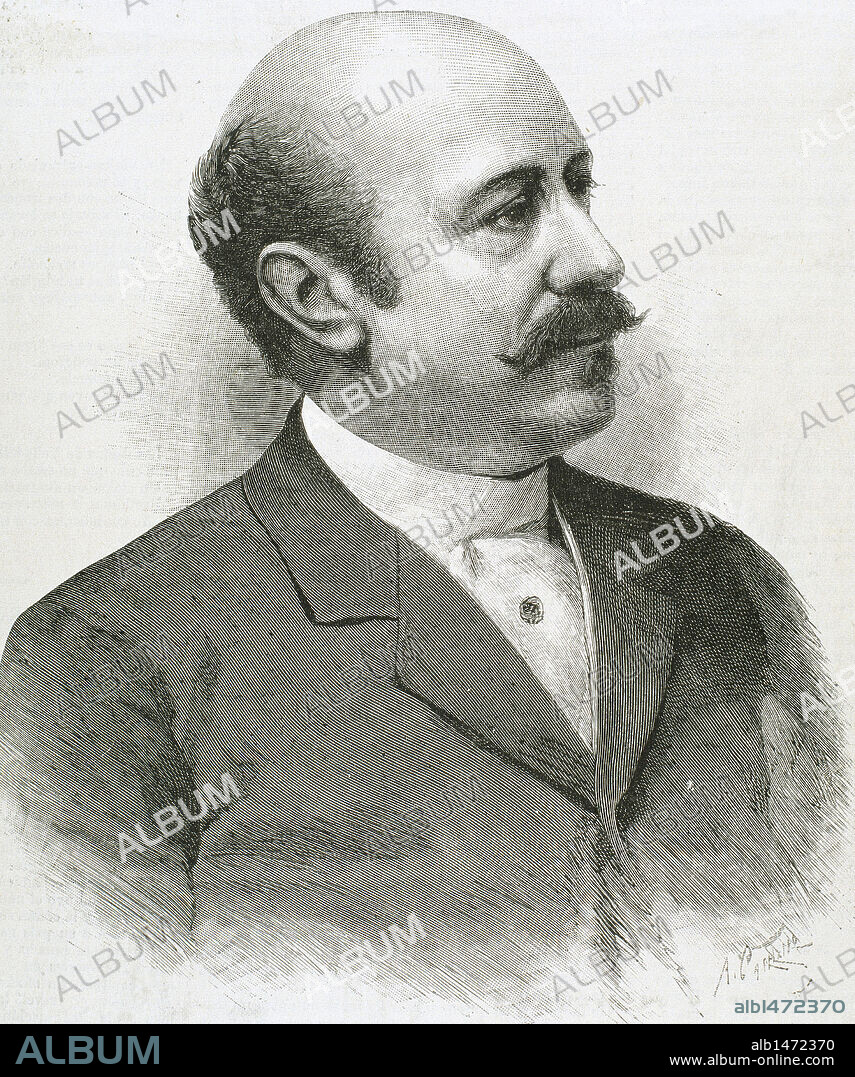 NAVARRO REVERTER, Juan (Valencia,1844-Madrid, 1924). Político español. Militó inicialmente en el partido liberal fusionista para más tarde unirse al grupo conservador de Cánovas. Fue ministro de Hacienda (1895-1897). A la muerte de Cánovas no aceptó la jefatura de Silvela (1898). Grabado del siglo XIX.