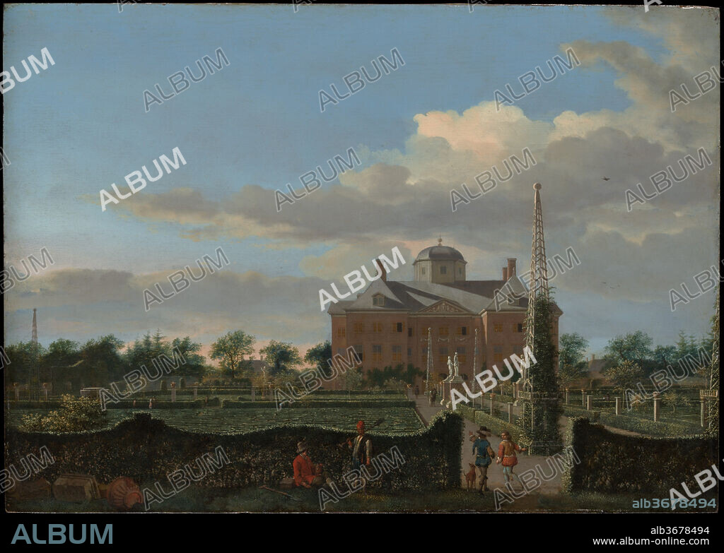 The Huis ten Bosch at The Hague and Its Formal Garden (View from the South). Artist: Jan van der Heyden (Dutch, Gorinchem 1637-1712 Amsterdam). Dimensions: 15 3/8 x 21 3/4 in. (39.1 x 55.2 cm). Date: ca. 1668-70.
The Huis ten Bosch (House in the Wood) at The Hague, designed by Pieter Post, was built in the late 1640s for Amalia van Solms, wife of the Dutch stadholder, Prince Frederick Hendrick. In these two views, Jan van der Heyden, depicted the country retreat's elegant garden, where sculpture and trellis-work obelisks mark the main walkways between the French-inspired parterres de broderie.