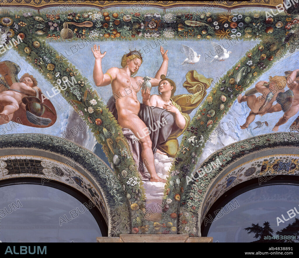 Rome, Villa Farnesina, Loggia of Cupid and Psyche: one vault pendentive depicting Psyche submitting Venus the urn containing the beauty of Proserpine... Fresco by Giulio Romano on a Raphael's draft (1517-18).