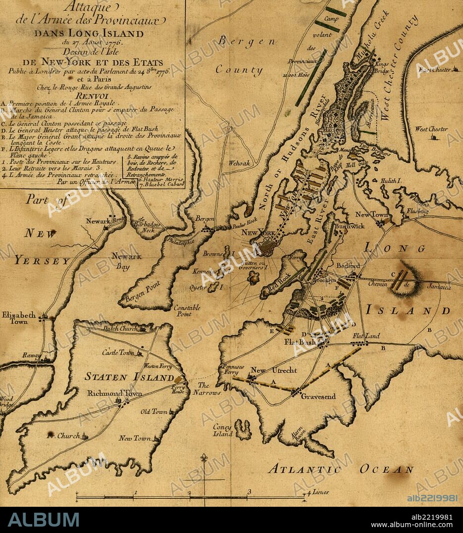 The Battle of Long Island, also known as the Battle of Brooklyn or the Battle of Brooklyn Heights, fought on August 27, 1776, was the first major battle in the American Revolutionary War following the United States Declaration of Independence, the largest battle of the entire conflict, and the first battle in which an army of the United States engaged, having declared itself a nation only the month before. Attaque de l'armée des provinciaux dans Long Island du 27. aoust 1776; dessin de l'isle de New-York et des Etats. Par un officier de l'Armée. Par acte du Parlement du 24 8bre. 1776.