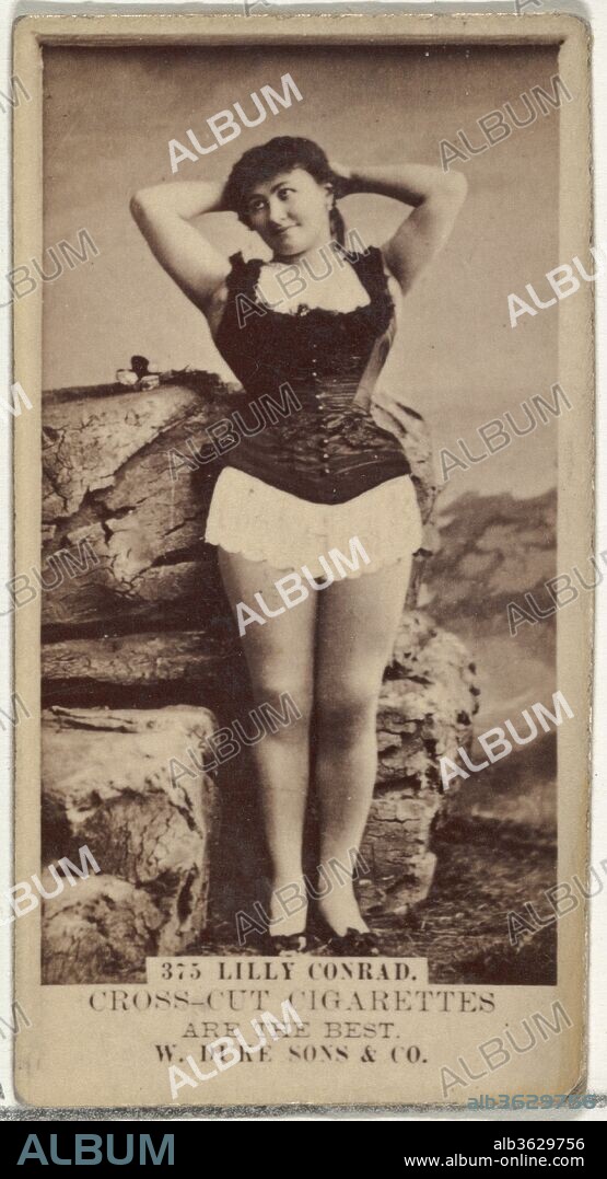 Card Number 375, Lilly Conrad, from the Actors and Actresses series (N145-3) issued by Duke Sons & Co. to promote Cross Cut Cigarettes. Dimensions: Sheet: 2 11/16 × 1 3/8 in. (6.8 × 3.5 cm). Publisher: Issued by W. Duke, Sons & Co. (New York and Durham, N.C.). Date: 1880s.
Trade cards from the set "Actors and Actresses" (N145-3), issued in the 1880s by W. Duke Sons & Co. to promote Cross Cut Cigarettes. There are eight subsets of the N145 series. Various subsets sport different card designs and also promote different tobacco brands represented by W. Duke Sons & Company. This card is from the third subset, N145-3. Note that actors' names are spelled differently on cards throughout set and are not dependable for accuracy.