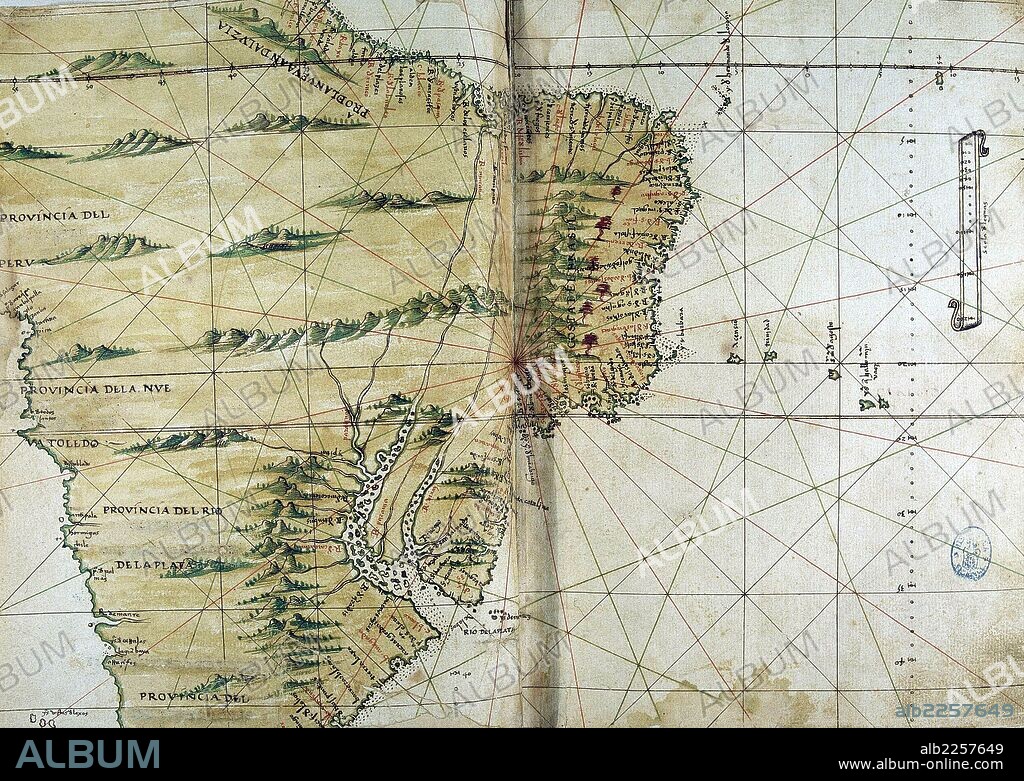 CARTOGRAFIA. ALONSO DE SANTA CRUZ. NAVEGANTE , CRONISTA Y COSMOGRAFO ESPAÑOL.SEVILLA 1505-1567. " ISLARIO DE SANTA CRUZ ". MAPA DE AMERICA DEL SUR , DE SU OBRA ISLARIO GENERAL DEL MUNDO , AÑO 1560. BIBLIOTECA NACIONAL. MADRID.