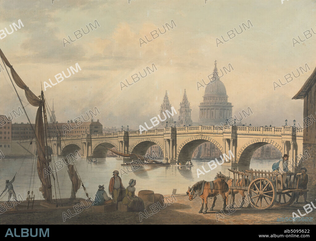Blackfriars Bridge and St. Paul's, Francis Nicholson, 17531844, British, Formerly attributed to Thomas Malton, 17261801, British, ca. 1790, Watercolor with pen and brown ink over graphite, sheet edged with pen and brown ink border on medium, slightly textured, cream wove paper, Sheet: 11 5/8 × 16 1/4 inches (29.5 × 41.3 cm).
