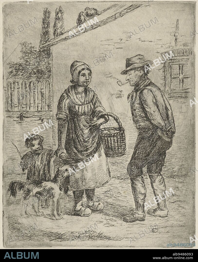 In front of a house stand a pipe-smoking man with a cane and hat and a peasant woman with a child by her hand. The peasant woman is carrying a basket. Next to them a little dog and on the roof of the house are two turtledoves., Farmer and Farmer's Wife at a Farmstead, print maker: David van der Kellen (1804-1879), 1814 - 1879, paper, etching, h 135 mm × w 106 mm.