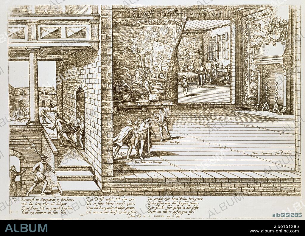 JAN LUYKEN. ASESINATO DE GUILLERMO DE ORANGE EN 1584 POR BALTHASAR GERARD - GRABADO SIGLO XVII - SIG.INV.15059.