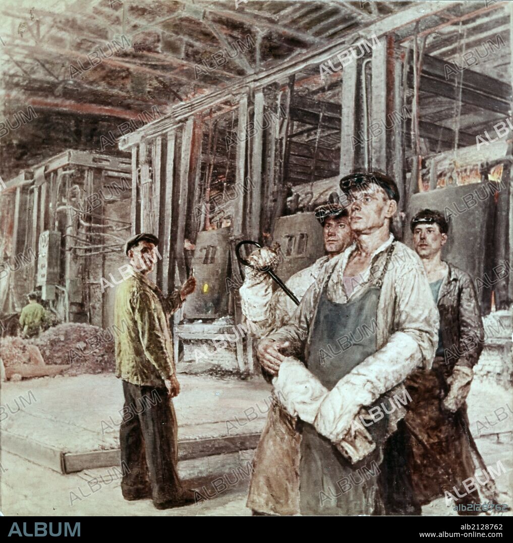 Gussarov, famed steel smelter of the hammer and sickle steel mill and his brigade' by g, gorelov, social realism.