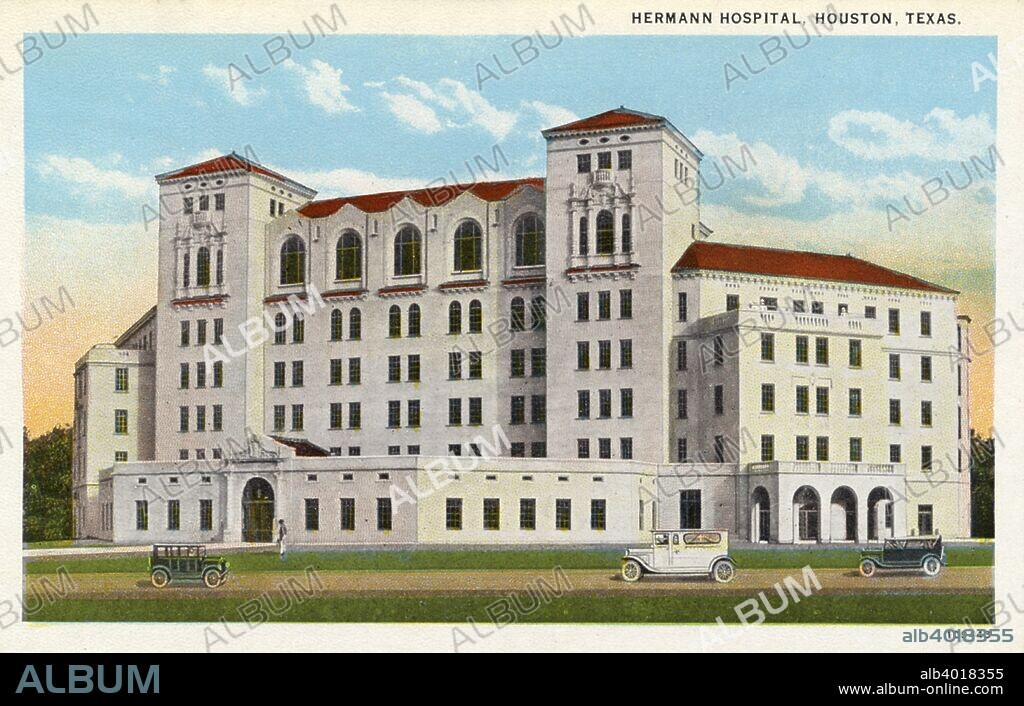Hermann Hospital, Houston, Texas, USA, 1926. Vintage postcard showing the exterior of Hermann Hospital. The Hermann Hospital opened in 1925. It was funded with a bequest by businessman and philanthropist George Henry Hermann.