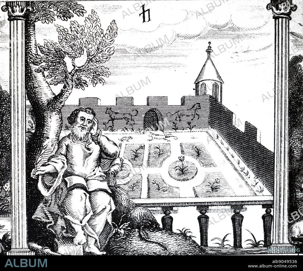 A woodcut engraving depicting a walled garden with gazebo. A detail from the frontispiece of Robert Burton's "The Anatomy of Melancholy", initially published in 1621. Dated 19th century.