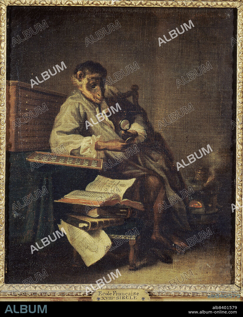 JEAN BAPTISTE SIMEON CHARDIN. Le singe antiquaire, 1740. Monkey antiquary looking at coins with a magnifying glass.