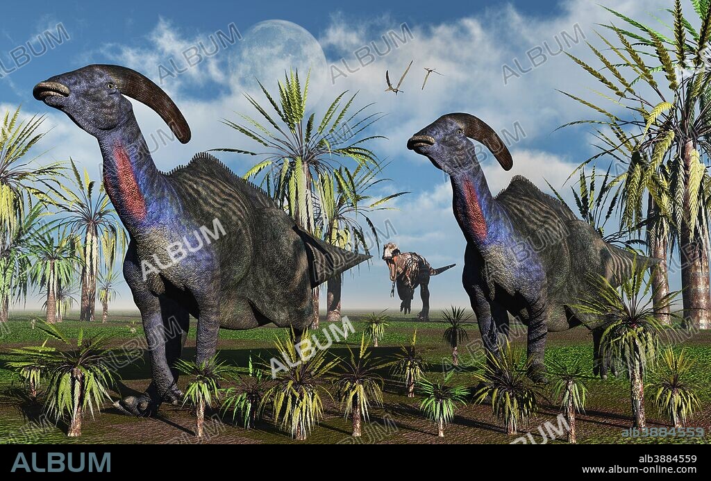 A carnivorous T-rex chasing a pair of Parasaurolophus dinosaurs during Earth's Cretaceous period.
