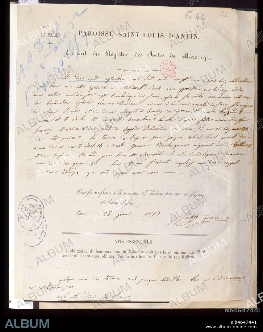 Acte du mariage religieux de François Casimir Dudevant (1795-1871) et de Aurore Dupin dit George Sand (1804-1876) le 17/09/1822 délivré par la Paroisse St Louis d'Antin le 08/06/1873. Credit : Collection Grob/KHARBINE-TAPABOR.