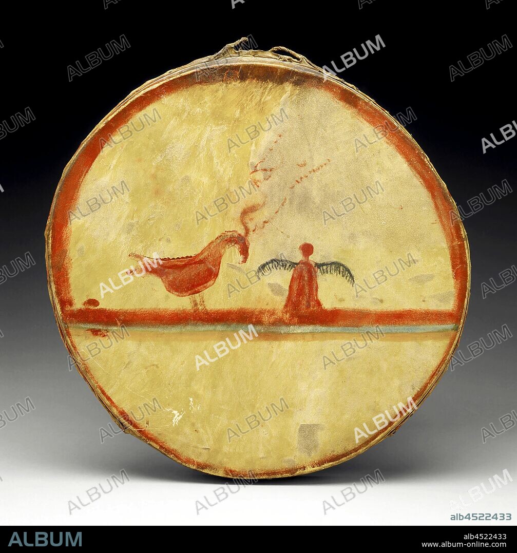 possibly Chippewa, Native American, Drum, ca. 1840, wood, deerhide, iron nails and pigment, Overall: 21 × 20 3/4 × 3 inches (53.3 × 52.7 × 7.6 cm).