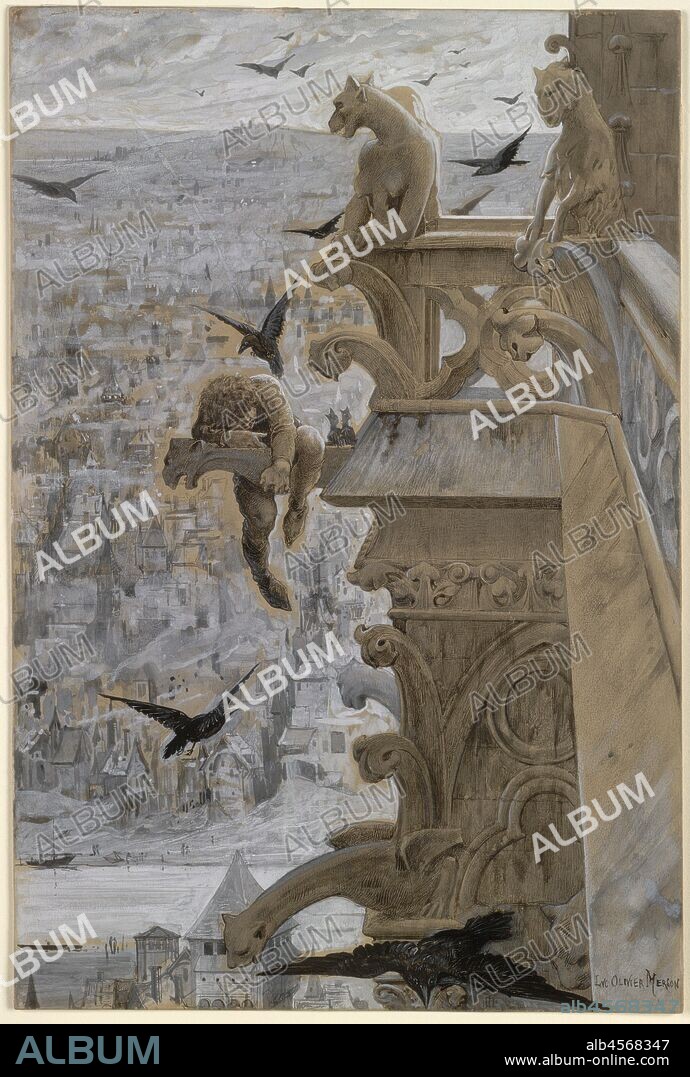 Notre-Dame de Paris, c. 1881. Victor Hugo's celebrated 1831 novel Notre-Dame de Paris tells the story of the grotesque and deformed Quasimodo, an orphan raised by Claude Frollo, the archdeacon of the church of Notre Dame in Paris. Hugo's novel became an important influence on many artists and helped to define a poetic view of the medieval period and of Gothic architecture that lasted well into the second half of the century. The sheet's imagery brings to mind a passage from the text: "The transept belfry and the two towers were to him three great cages, the birds in which, taught by him, would sing for him alone.".