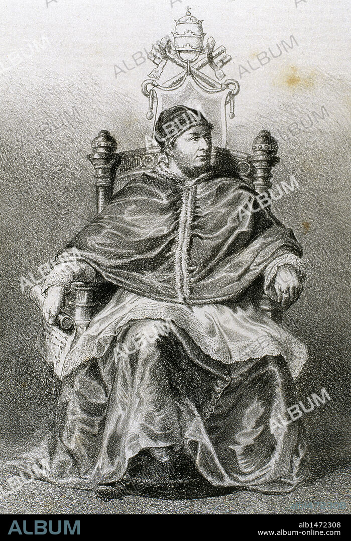BENEDICTO XIII (Pedro Martínez de Luna) (h.1328-1424). Antipapa español (1394-1424). A la muerte de Clemente VII, fue elegido Pontífice (año 1394) por los cardenales de Aviñón. Depuesto en el Concilio de Constanza del 1417. S.XIV-XV (S.XIV-S.XV). Grabado S.XIX.