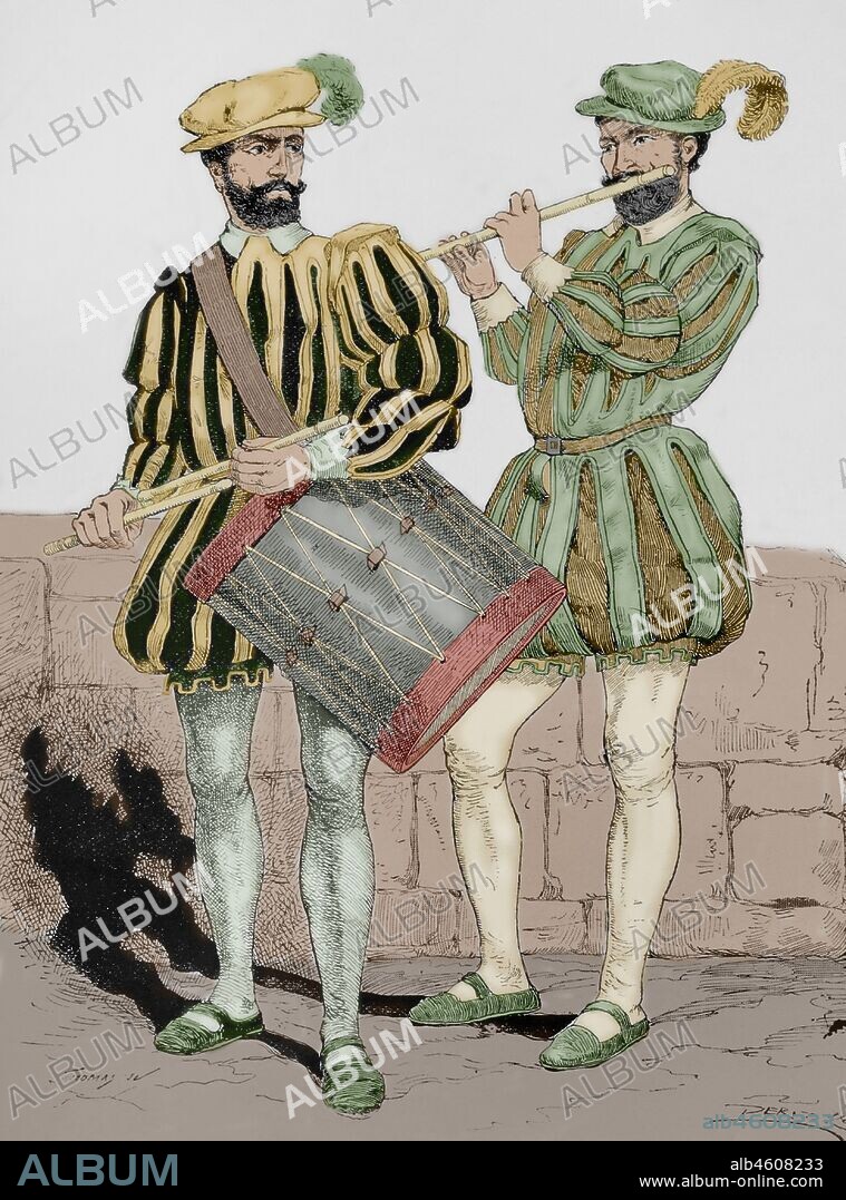 Edad Moderna. Infantería española: Pífano (pequeña flauta) y tambor. Grabado. "Museo Militar del Ejército Español", Tomo I. Evaristo Ullastres Editor. Barcelona, 1883. Coloreado.