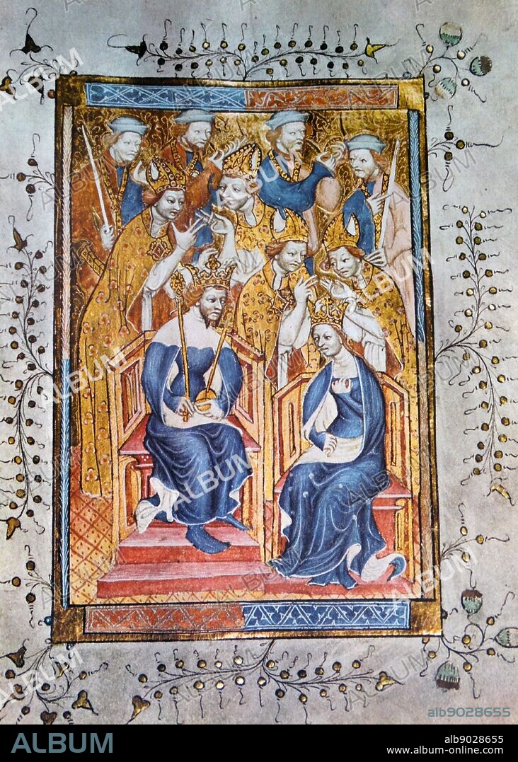 King Richard II and Anne of Bohemia, his Queen. From the fourteenth-century Coronation Order of Service, the Liber Regalis. The manuscript is thought to have been written and illustrated for Queen Anne's Coronation in 1382 and was used for all coronations up until Queen Elizabeth I. From The Island Race, a 20th century book that covers the history of the British Isles from the pre-Roman times to the Victorian era. Written by Sir Winston Churchill and abridged by Timothy Baker.