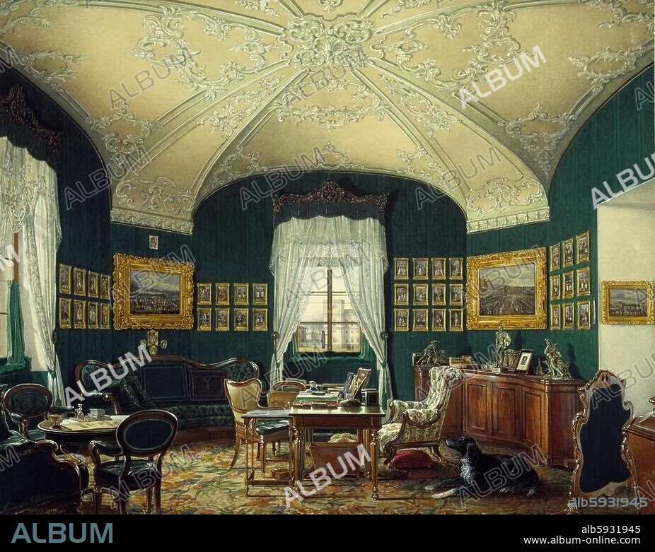 EDUARD PETROWITSCH HAU. Gatchina near St. Petersburg (Russia), Marble Palace. (built from 1766-72 for Grigorij Count Orlov by Catherine II; architect: Antonio Rinaldi (1709-1754). Great military office of Nicholas I in the Armoury Block. Watercolour, 1862, by Eduard Petrovich Hau (1807-1887), 29 × 35 cm. Gatchina, Marble Palace.